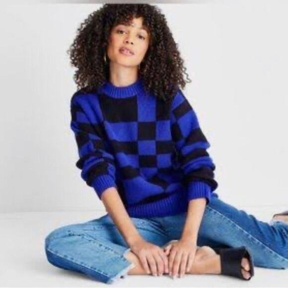 SWEATER  THICK‎ WARM KNITTED 100% WOOL BLUE & BLACK SIZE M - Picture 1 of 10